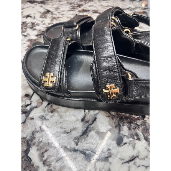 Tory Burch Black Leather Platform Sporty Sandals Gold Logo Women's Size 7 - Picture 4 of 8